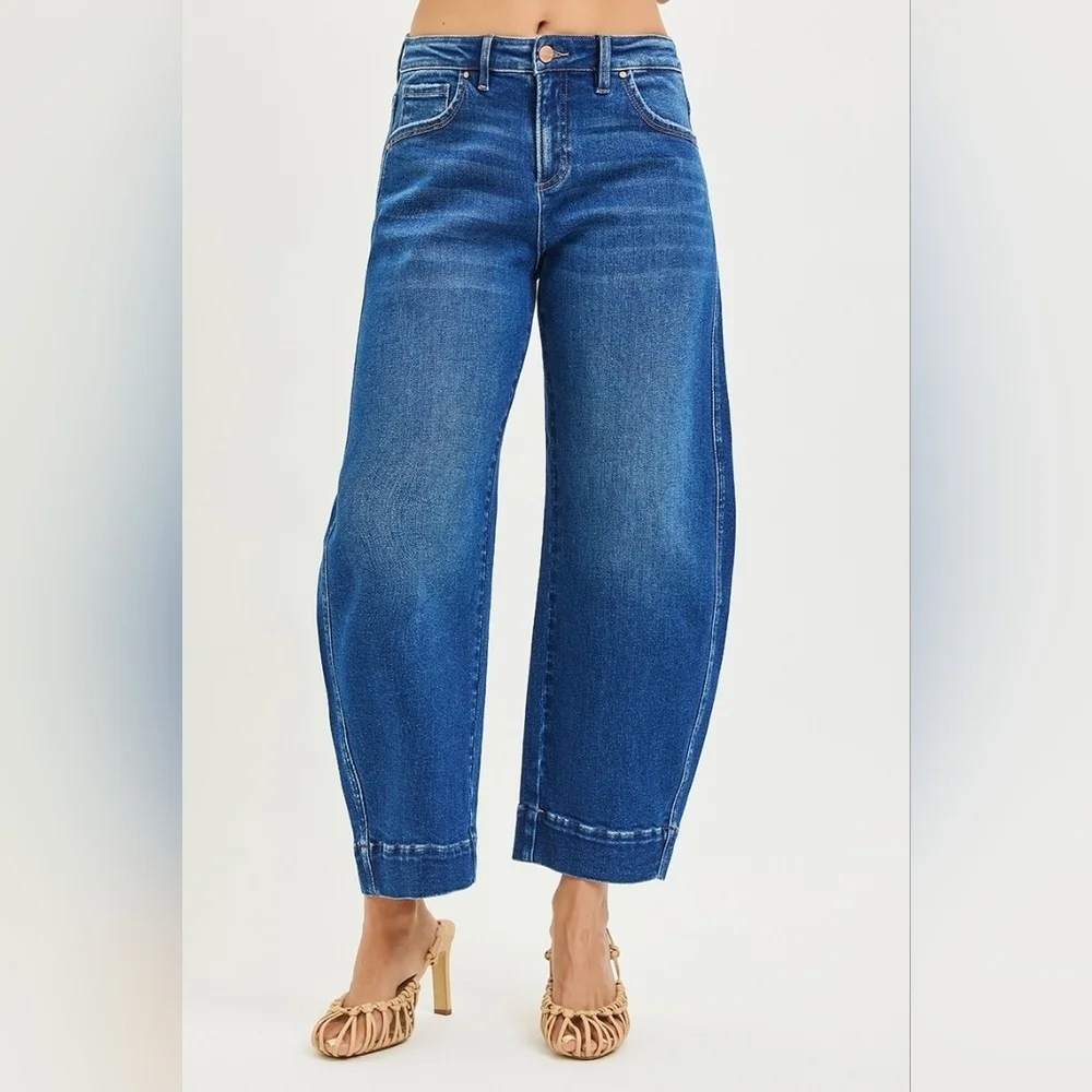 RISEN Mid Rise Dark Wash Barrel Jeans Ankle Cropped Trouser Classic Various NEW - Picture 6 of 6